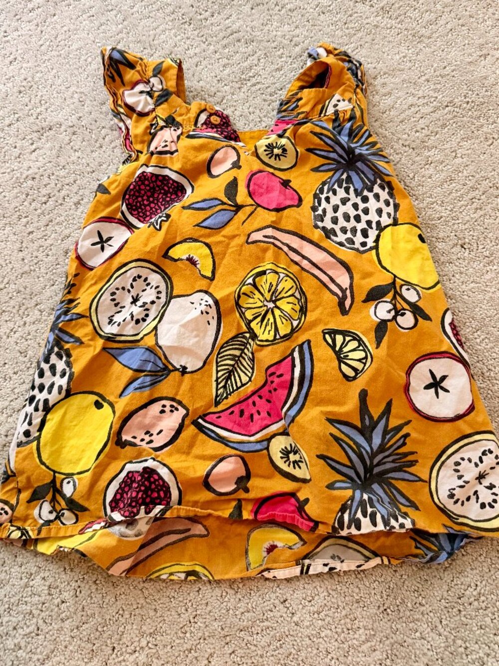 Cat & Jack Girls 3T Tropical Fruit Print Ruffle Dress Mustard Yellow